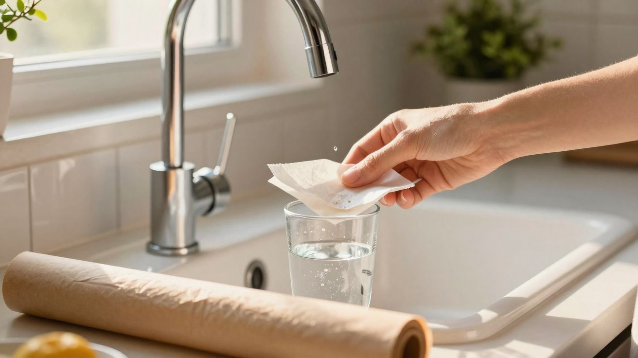 Mano introduciendo una pastilla efervescente en un vaso con agua junto al fregadero y un rollo de papel.