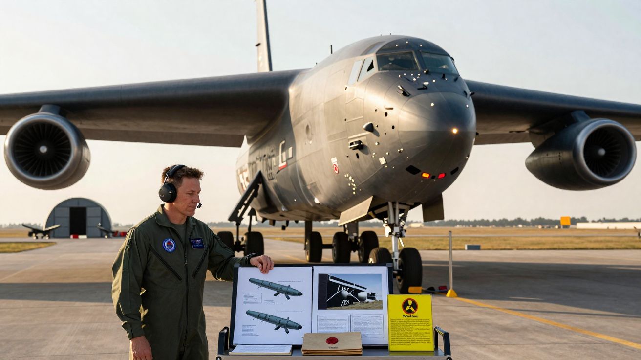 Piloto militar junto a un avión pesado y material explicativo en pista de aterrizaje durante el día.