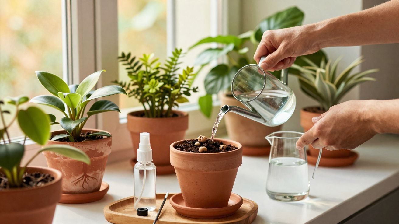 Manos regando planta en maceta de barro junto a varias plantas en un alféizar iluminado por ventana.