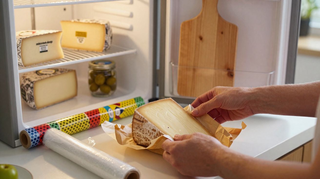 Manos envolviendo un trozo de queso con papel en una cocina junto a un frigorífico abierto y una tabla de madera.