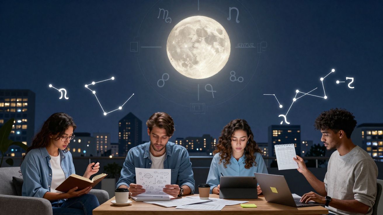 Cuatro jóvenes estudian unidos con constelaciones y luna llena iluminando el cielo nocturno de la ciudad.
