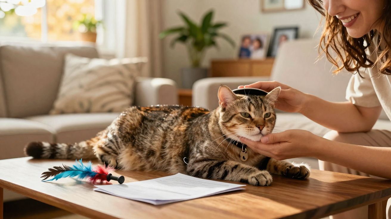 Mujer acariciando a un gato que está tumbado sobre una mesa con documentos y un juguete de plumas.
