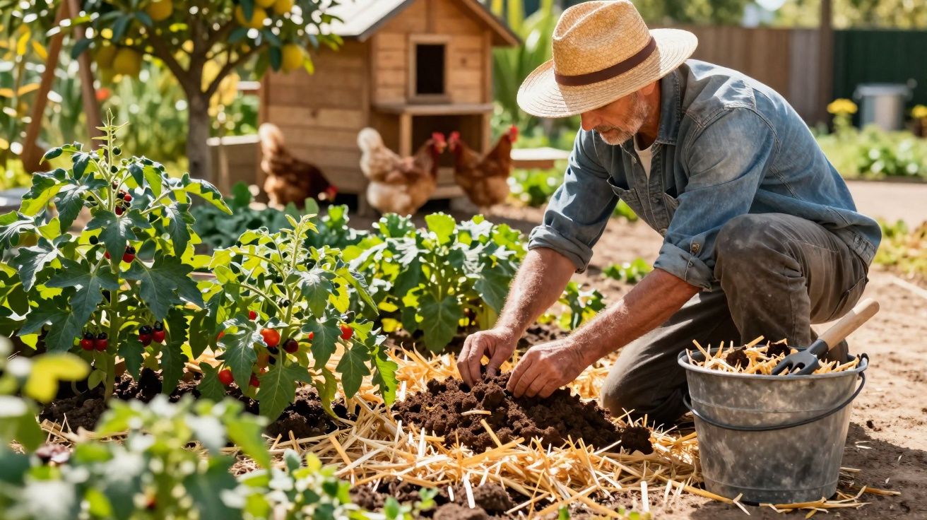 Hombre con sombrero cuidando plantas en un huerto, con gallinas y gallinero al fondo.