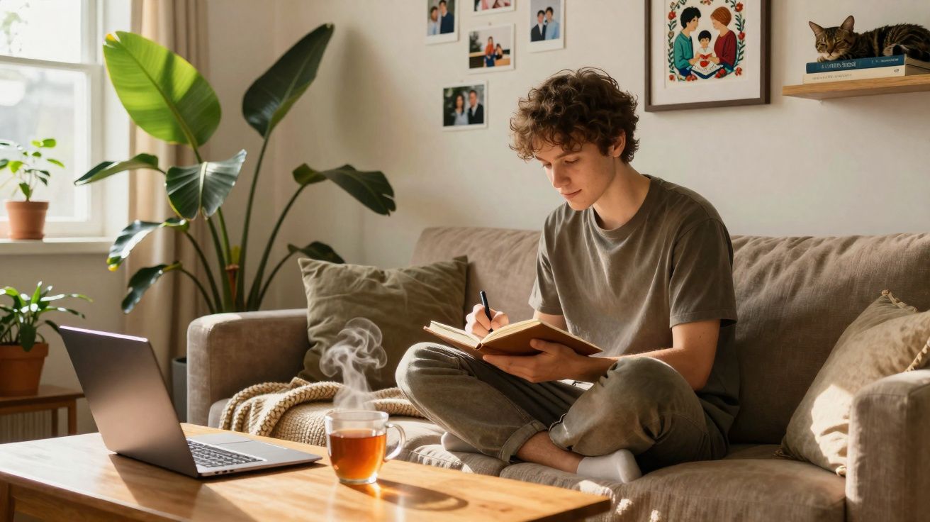 Joven sentado en sofá escribiendo en un cuaderno, con portátil y taza de té humeante sobre la mesa.