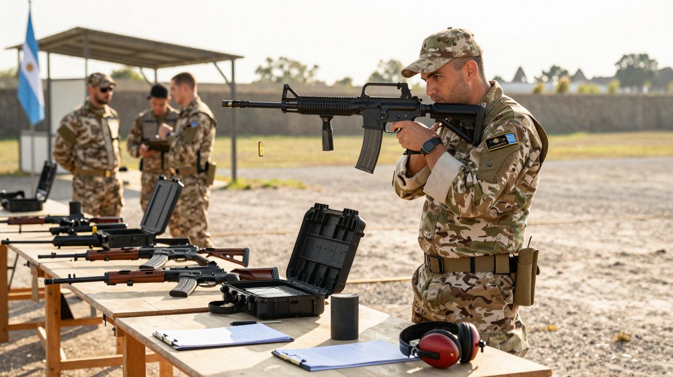 Soldado en uniforme de camuflaje disparando un fusil en un campo de tiro con otros soldados al fondo.