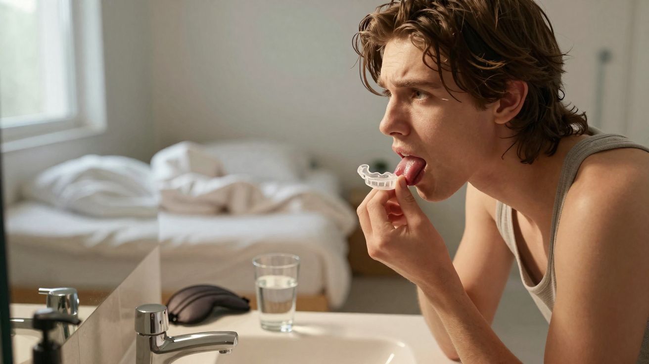 Joven frente al espejo colocándose un protector bucal transparente en un baño iluminado y moderno.