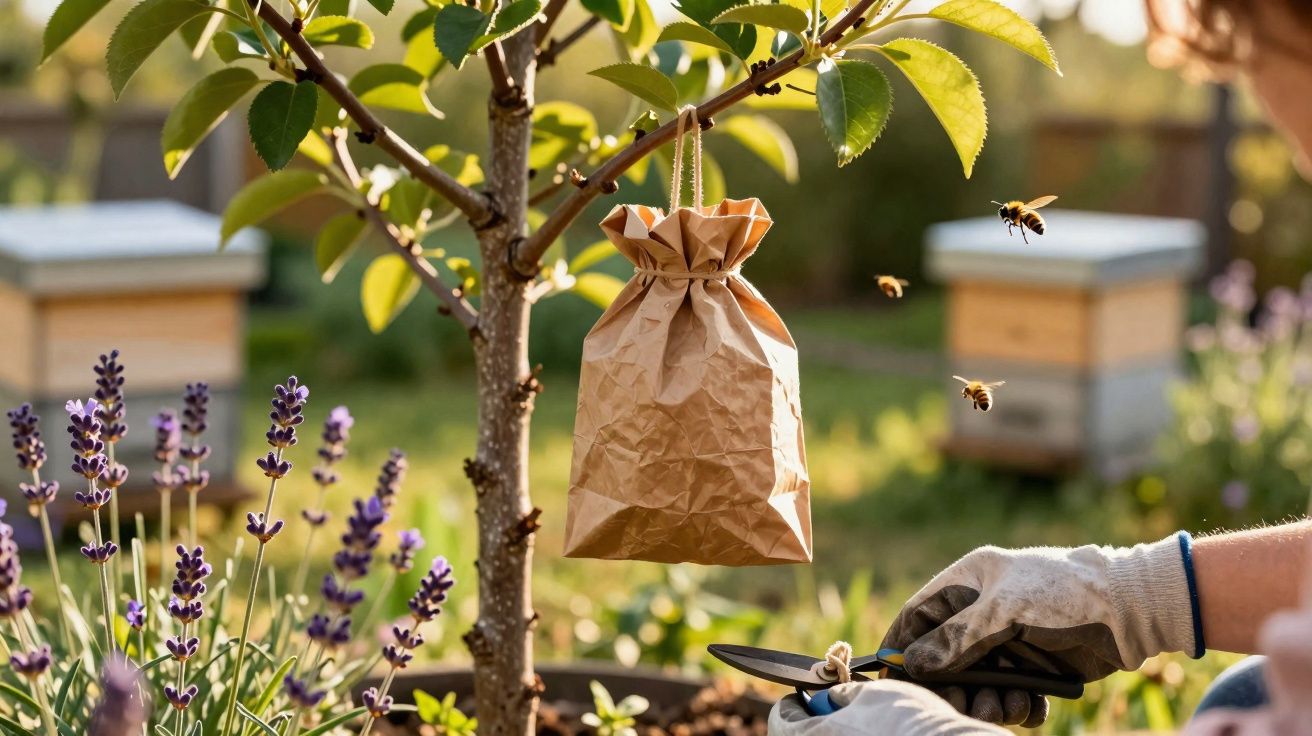 Trampas de papel colgadas en un árbol para controlar insectos, con abejas volando y manos con tijeras.