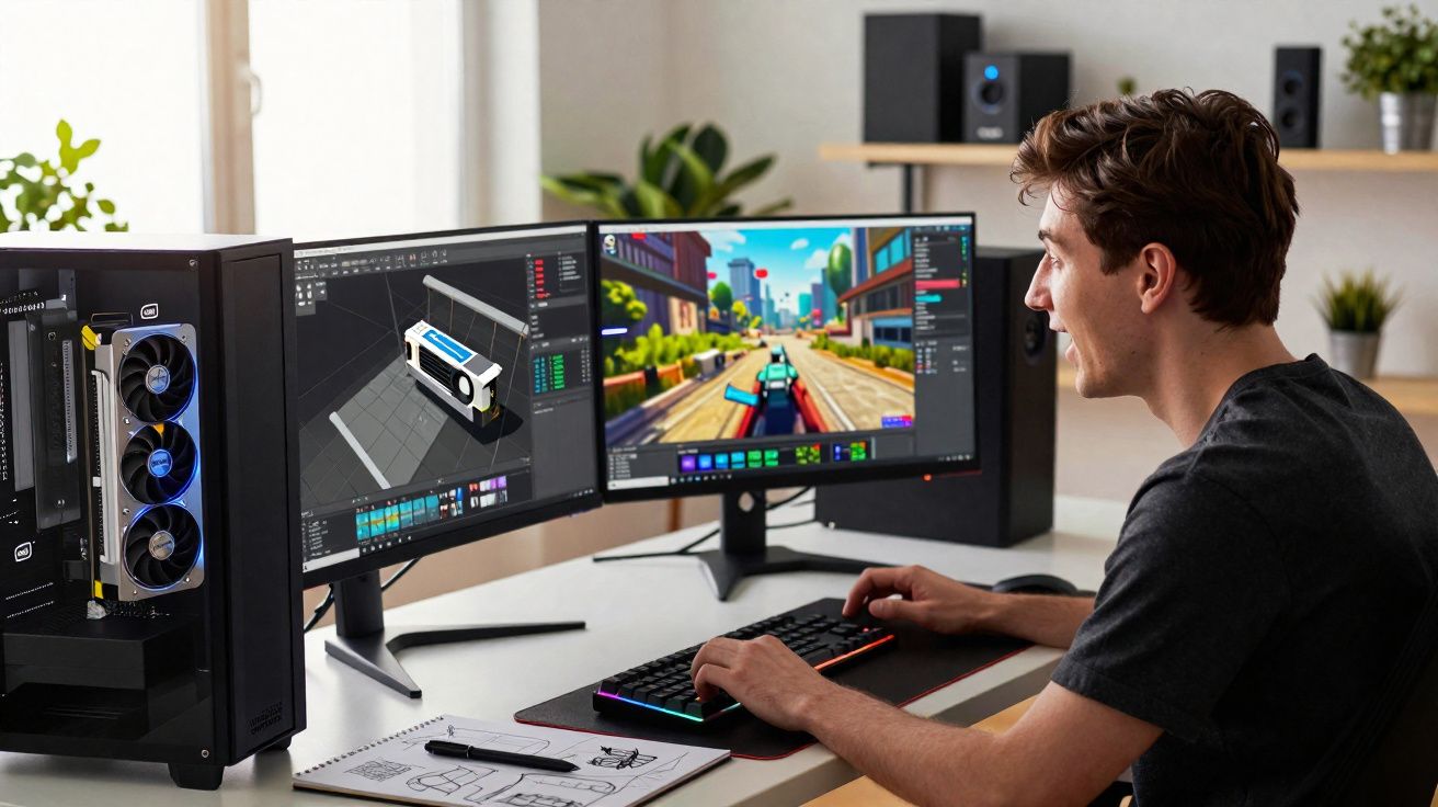 Joven trabajando en diseño y animación 3D en doble pantalla con ordenador de alto rendimiento en escritorio.