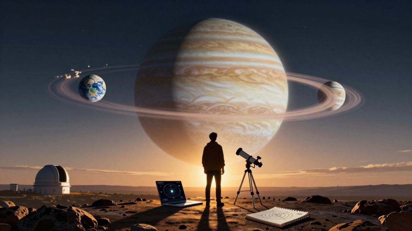 Persona observa un planeta gigante con anillos y dos lunas desde un observatorio con telescopio y cuaderno.