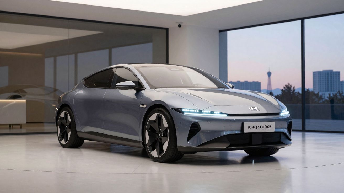 Coche eléctrico Hyundai Ioniq 6 gris aparcado en un espacio interior moderno con grandes ventanales.