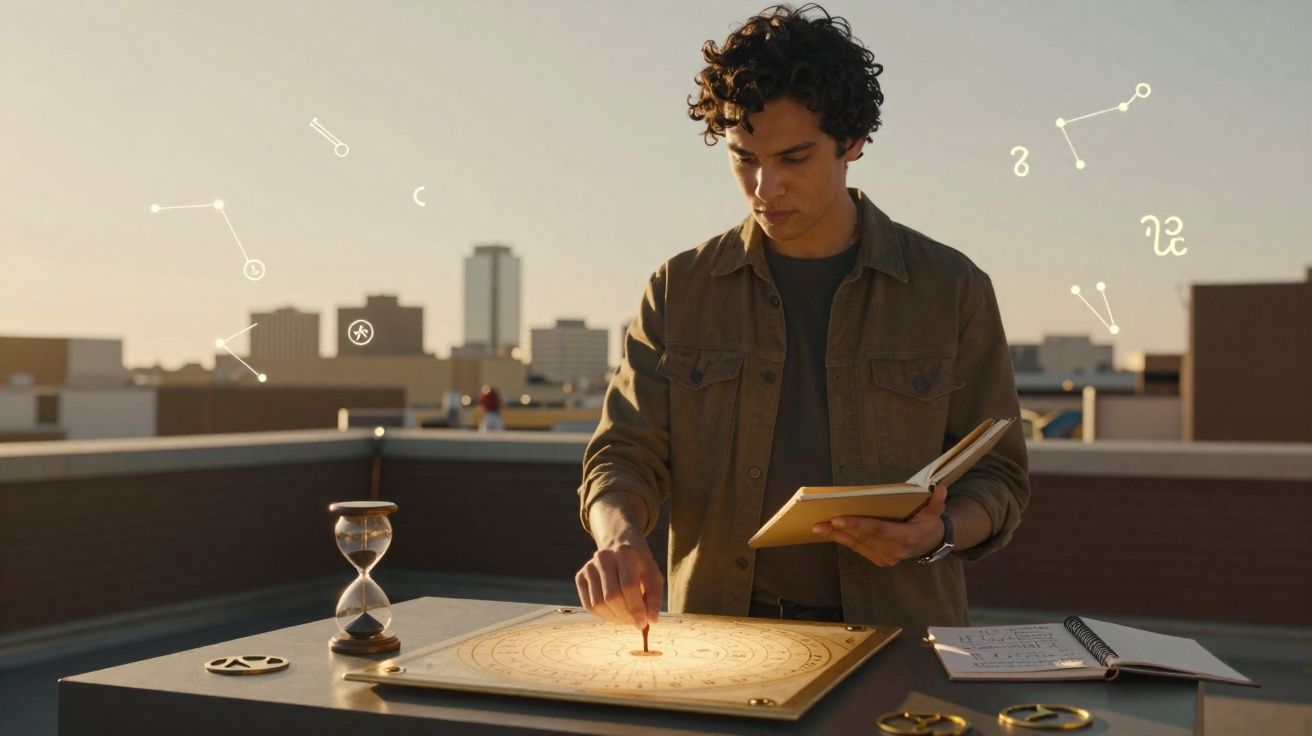 Joven con libro consultando un tablero astrológico iluminado en una azotea al atardecer con símbolos zodiacales.