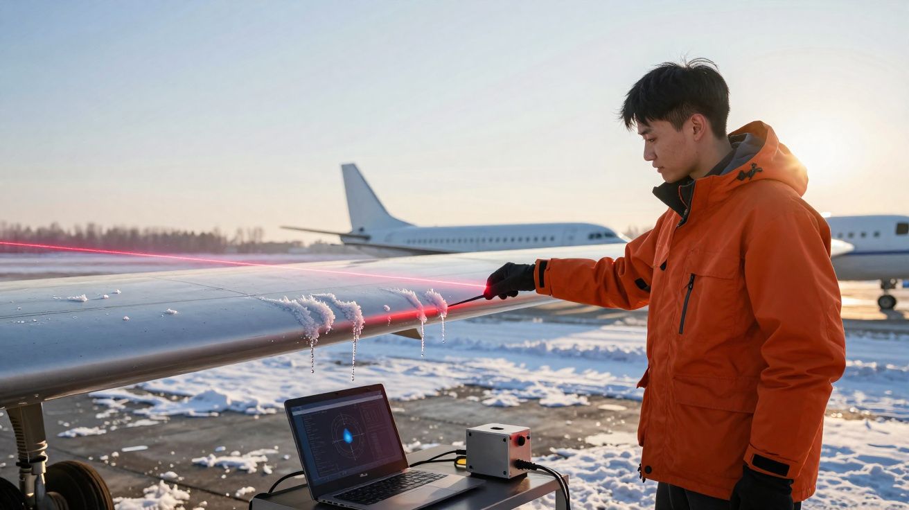 Hombre con chaqueta naranja realiza prueba con láser en ala de avión cubierto de hielo en pista nevada.