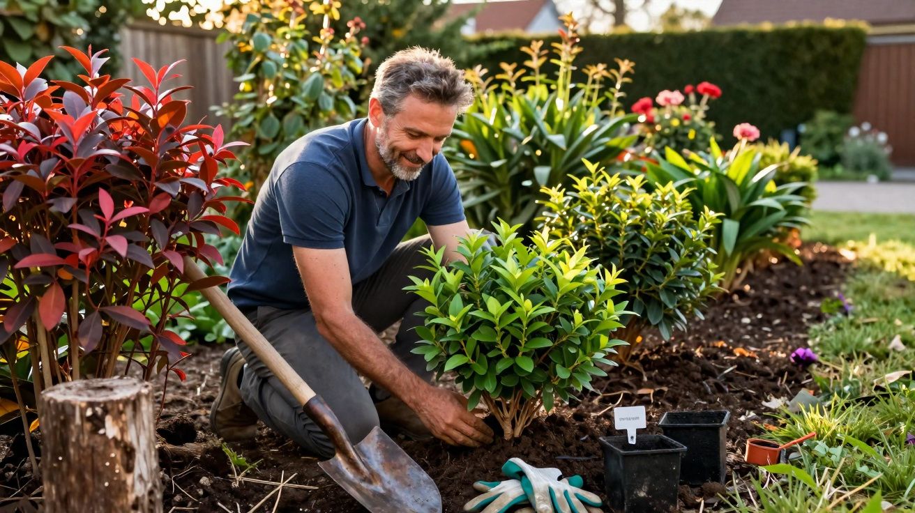 Hombre plantando arbusto en un jardín soleado, con pala y guantes en el suelo, rodeado de flores y plantas.