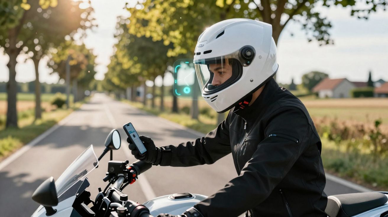 Motociclista con casco integral y chaqueta negra mirando un dispositivo móvil en una carretera rural arbolada.