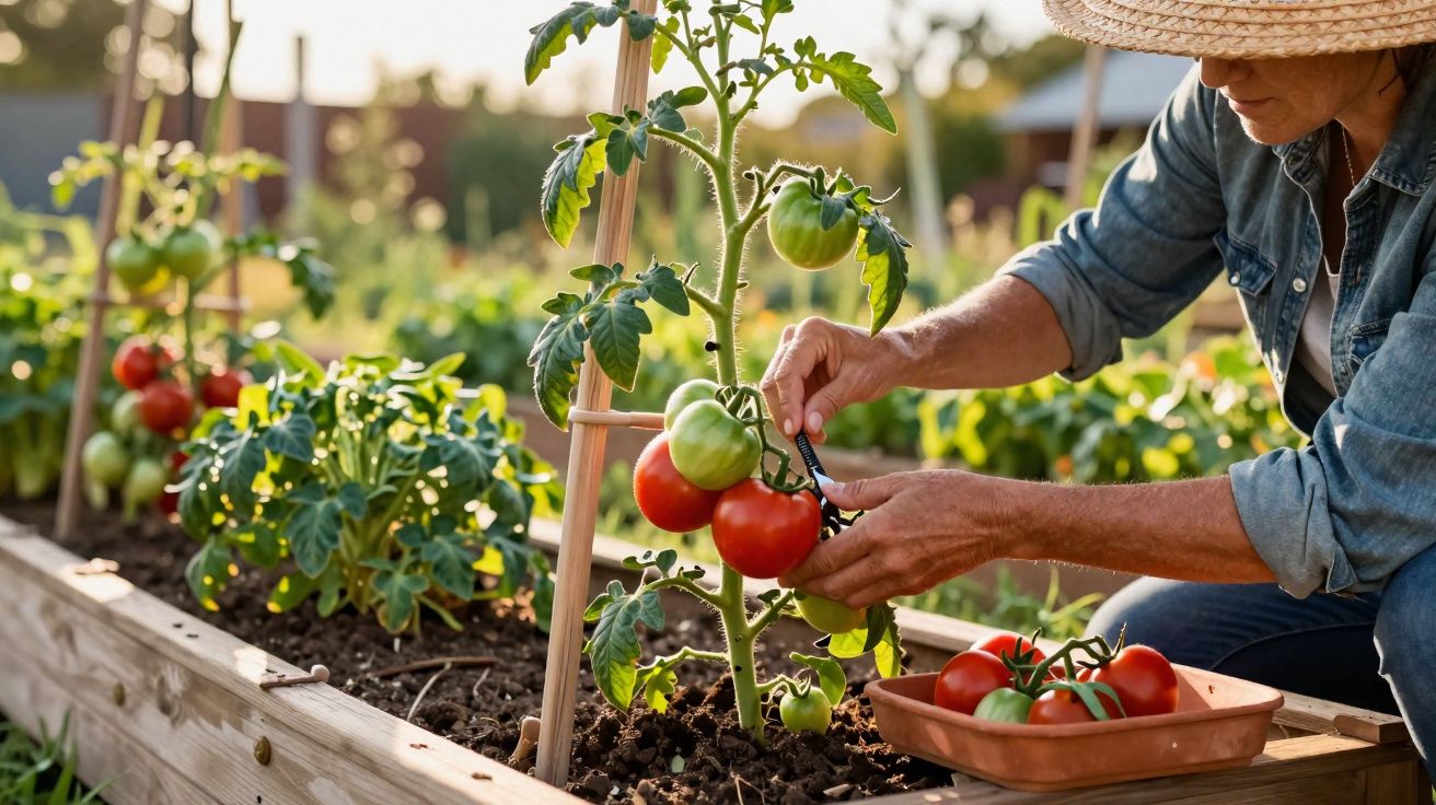 Persona cosechando tomates maduros en un huerto urbano con plantas en camas elevadas al aire libre.