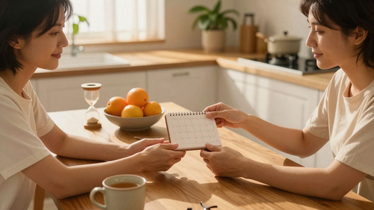 Dos mujeres en cocina luminosa compartiendo un calendario de escritorio mientras toman café.
