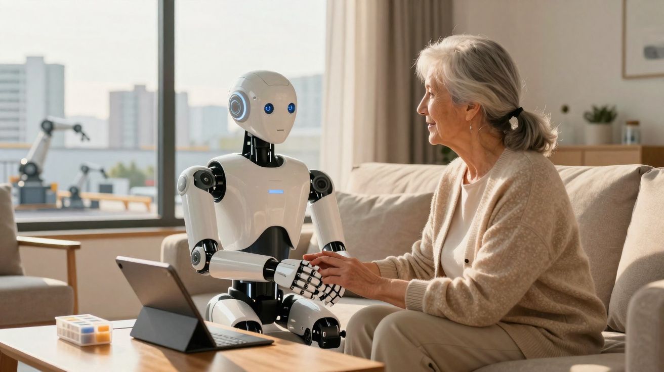 Mujer mayor sentada en un sofá sosteniendo las manos de un robot humanoide blanco en un salón moderno.