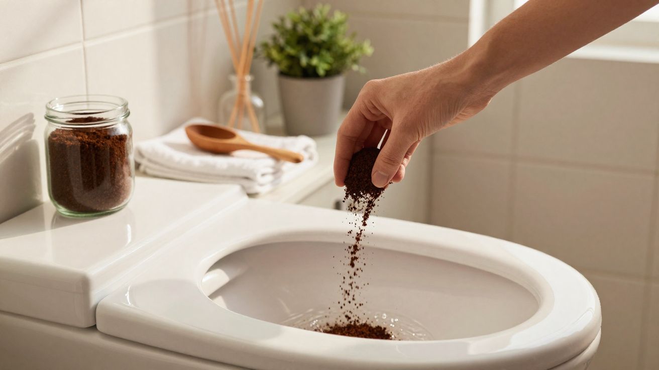 Mano echando posos de café usados en el interior de un inodoro blanco en baño limpio.