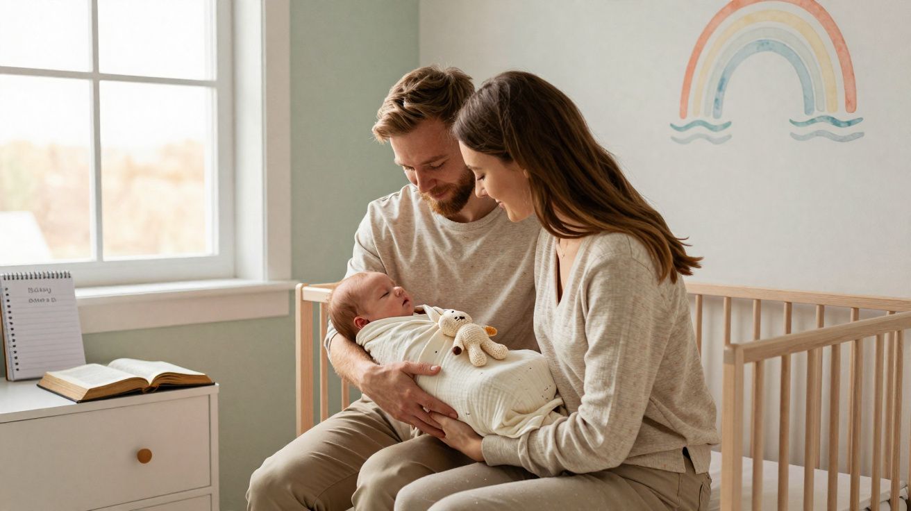 Padres sonrientes sosteniendo a su bebé envuelto en una manta en una habitación infantil luminosa y acogedora.