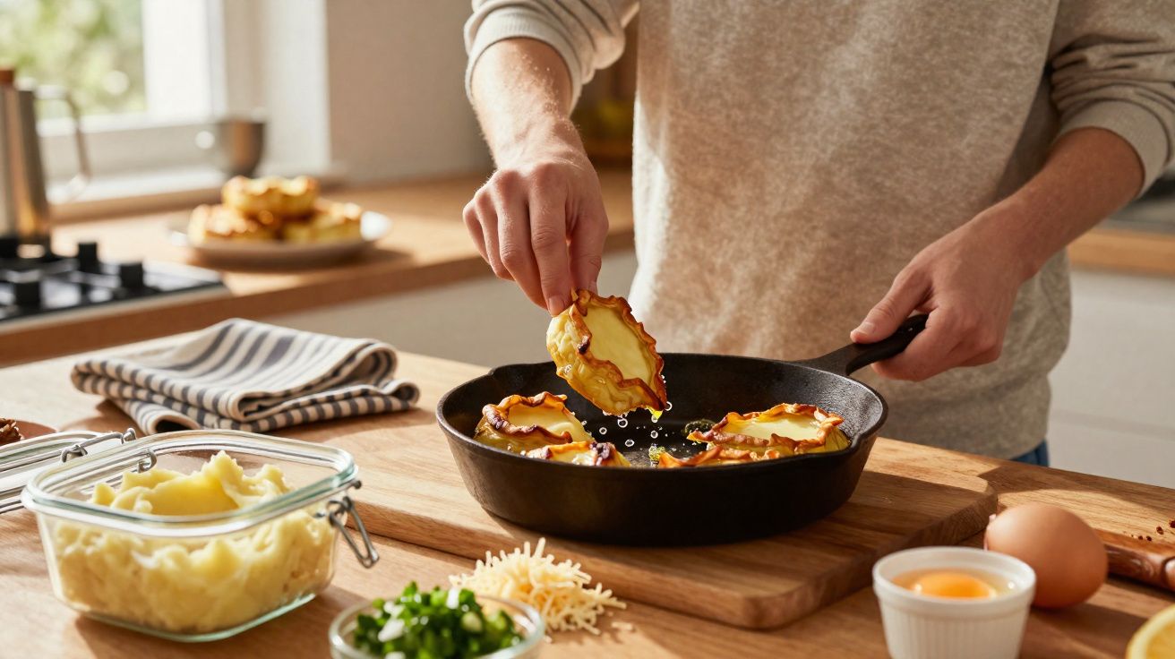 Persona friendo empanadillas caseras en sartén en cocina con ingredientes frescos alrededor.
