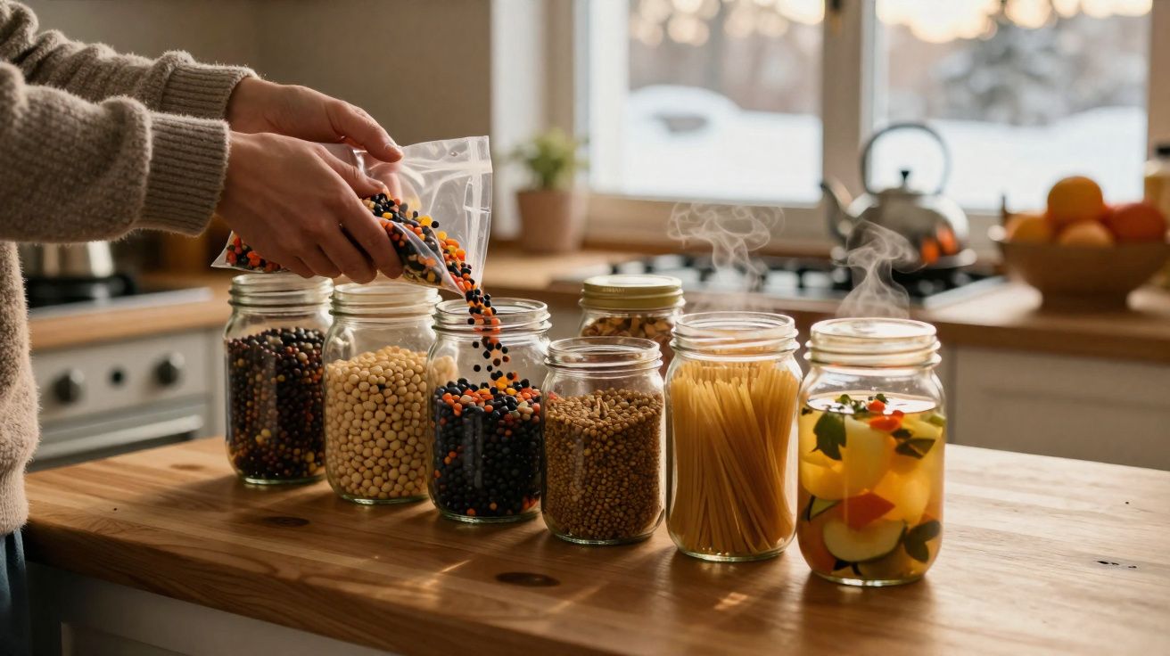 Manos vertiendo legumbres en frascos de cristal con diferentes alimentos sobre mesa de madera en cocina.