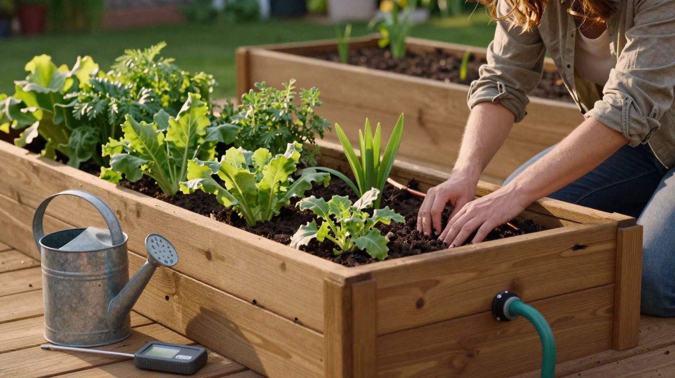 Persona plantando verduras en un huerto urbano de madera con regadera y manguera al lado.