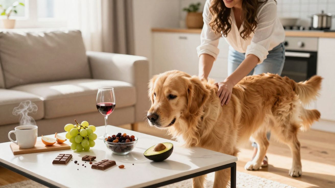 Mujer acariciando a un perro golden retriever en salón con mesa con fruta, chocolate, café y vino.