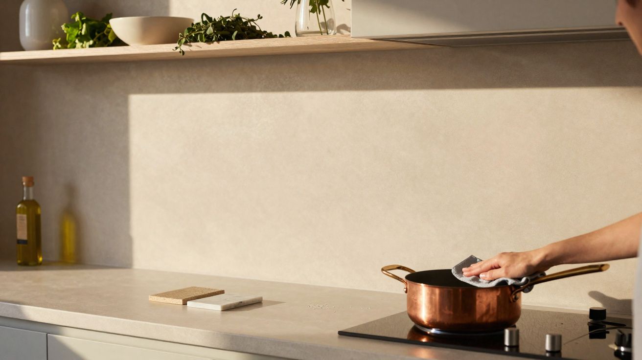 Persona limpiando una olla de cobre sobre la encimera blanca de una cocina moderna iluminada por la luz natural.