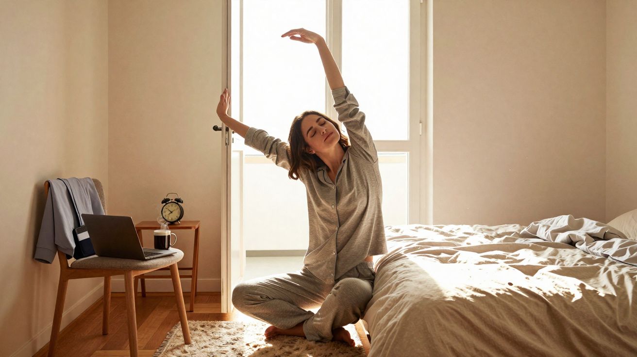 Mujer estirándose sentada en el suelo de su dormitorio con luz natural entrando por la ventana.
