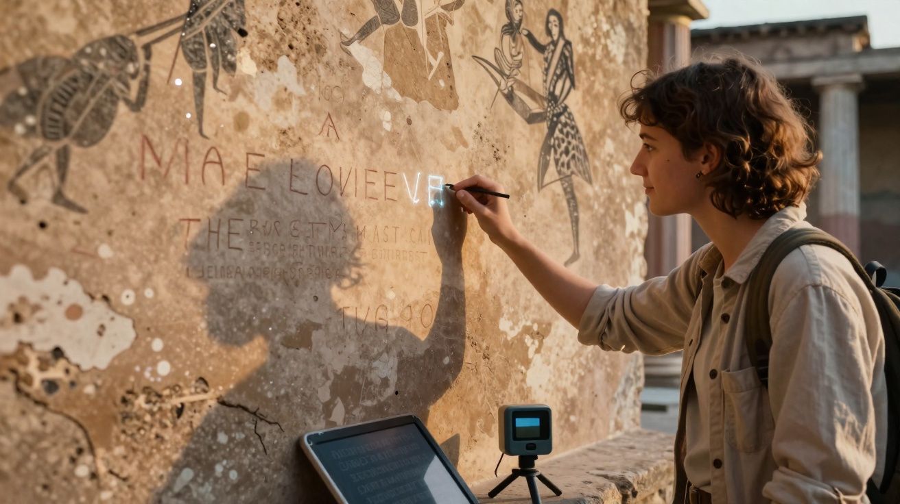 Joven analiza e ilumina inscripciones antiguas en un muro con figuras y texto histórico.