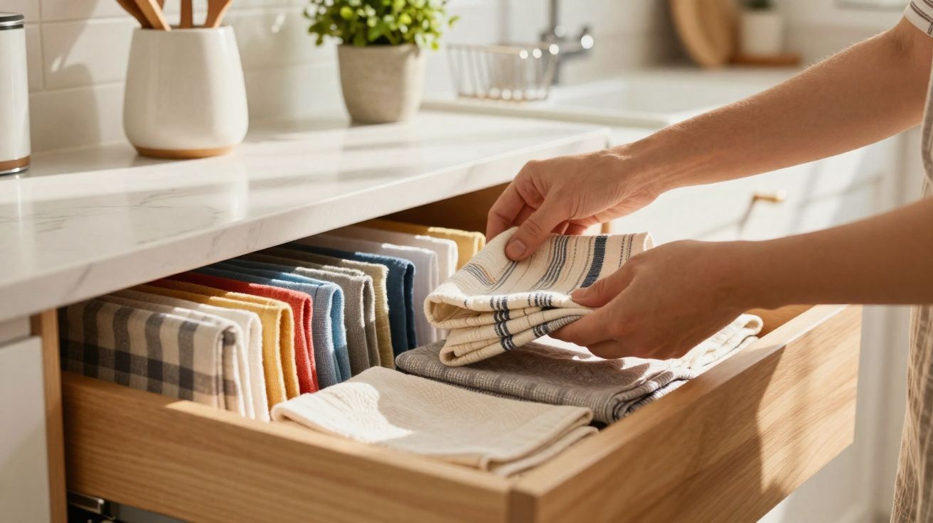 Manos organizando paños de cocina doblados en un cajón de madera bajo encimera blanca.