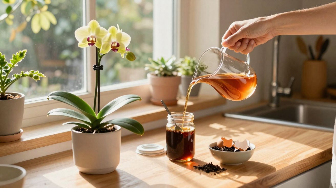 Mano vertiendo té en un vaso de cristal sobre una encimera de madera junto a una orquídea y cáscaras de huevo.