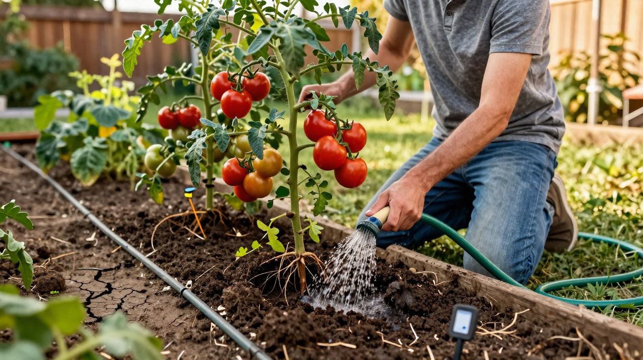 Persona regando planta de tomate con tomate maduros en jardín con manguera y suelo húmedo.