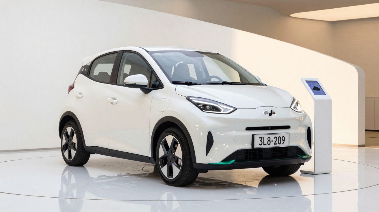 Coche eléctrico compacto blanco estacionado junto a un cargador en un entorno moderno y minimalista.