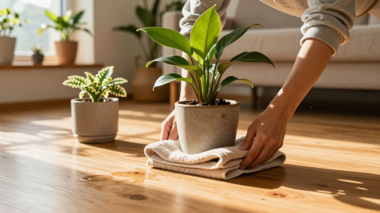 Manos colocando una planta en maceta sobre un paño en suelo de madera dentro de una habitación luminosa.