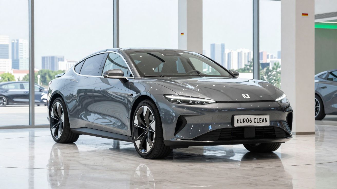 Coche eléctrico gris oscuro de diseño moderno en un showroom con grandes ventanales y suelo reflectante.
