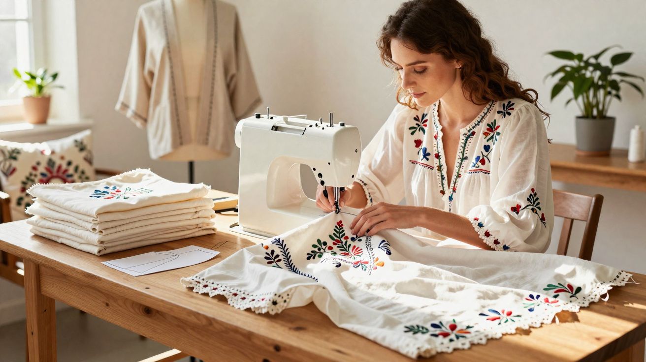 Mujer cosiendo con máquina bordados coloridos en ropa blanca sobre mesa de madera iluminada.