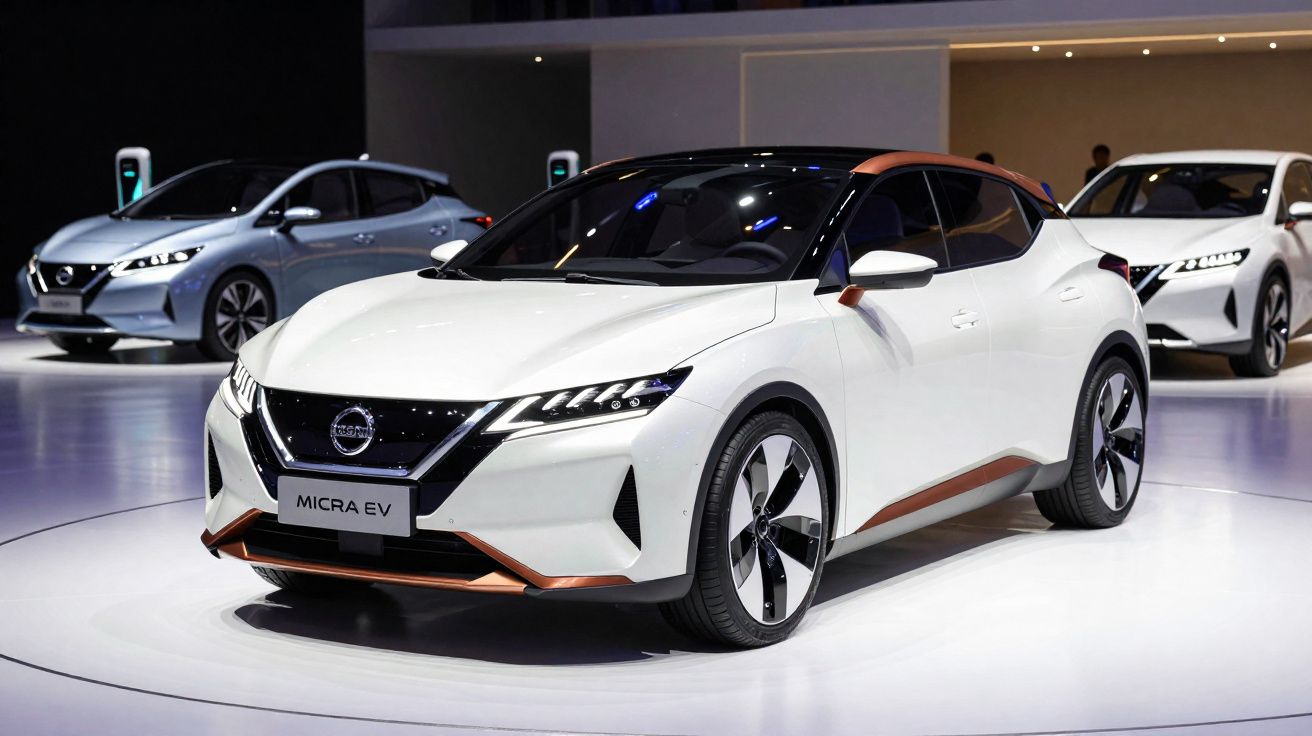 Coche eléctrico Nissan Micra EV blanco en exposición con otros modelos eléctricos al fondo.