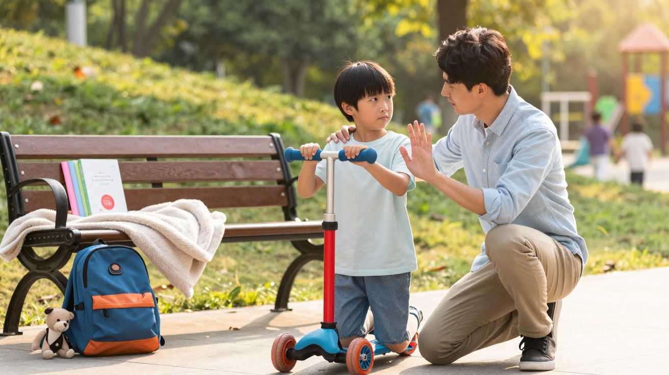 Padre arrodillado enseñando a su hijo a usar un patinete azul en un parque soleado.