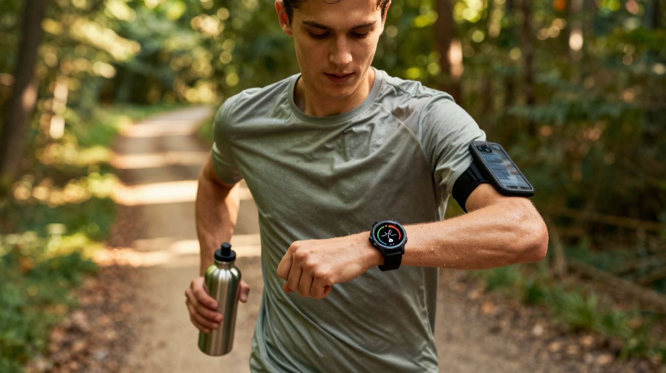 Hombre corriendo al aire libre en un sendero, mirando su reloj inteligente mientras sostiene una botella de agua.