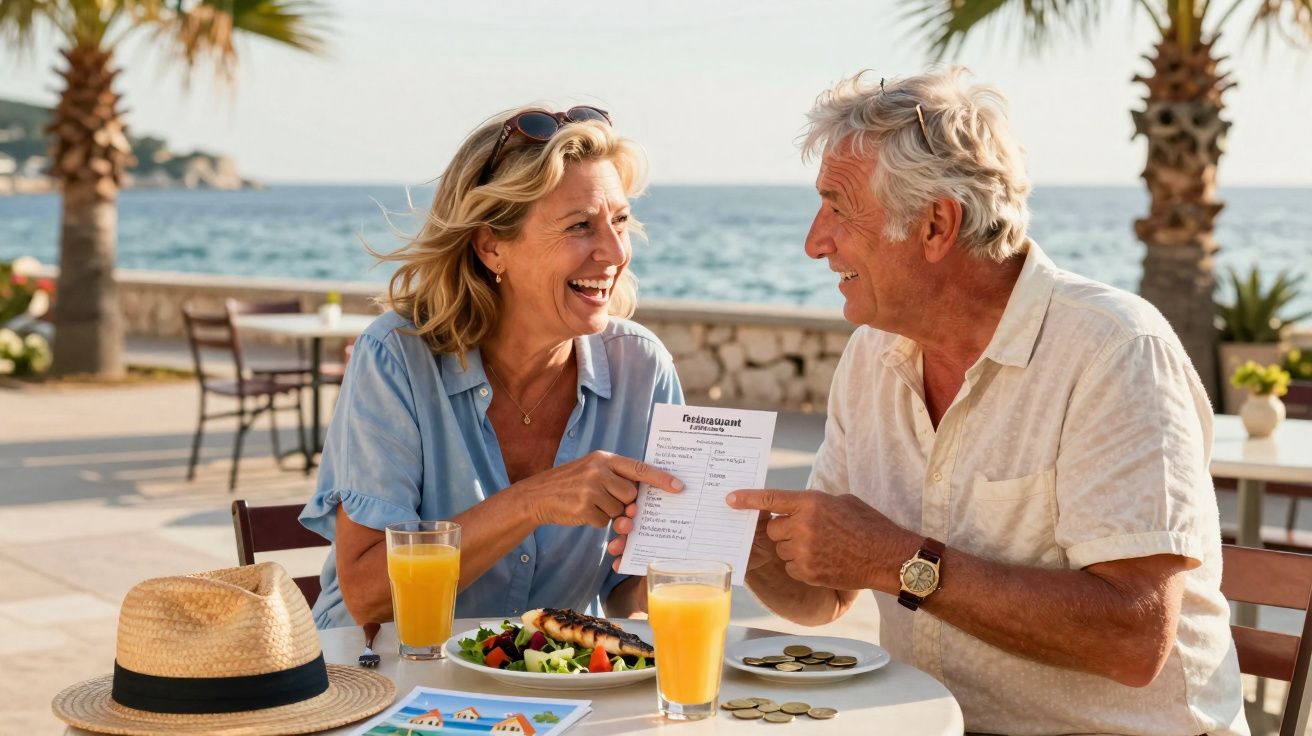 Pareja mayor riendo y señalando una cuenta en una terraza con vista al mar y palmeras.