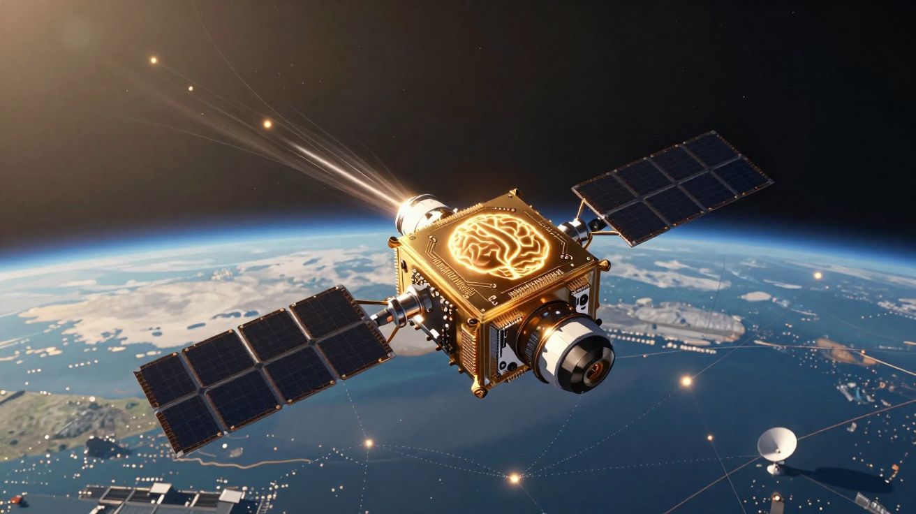 Satélite en órbita terrestre con paneles solares y un icono luminoso de cerebro digital en su superficie.