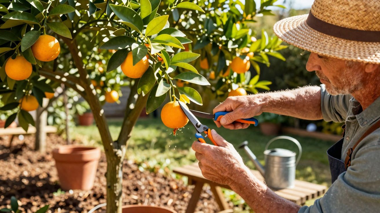 Hombre con sombrero cosecha naranjas de un árbol en un jardín soleado usando tijeras de podar.