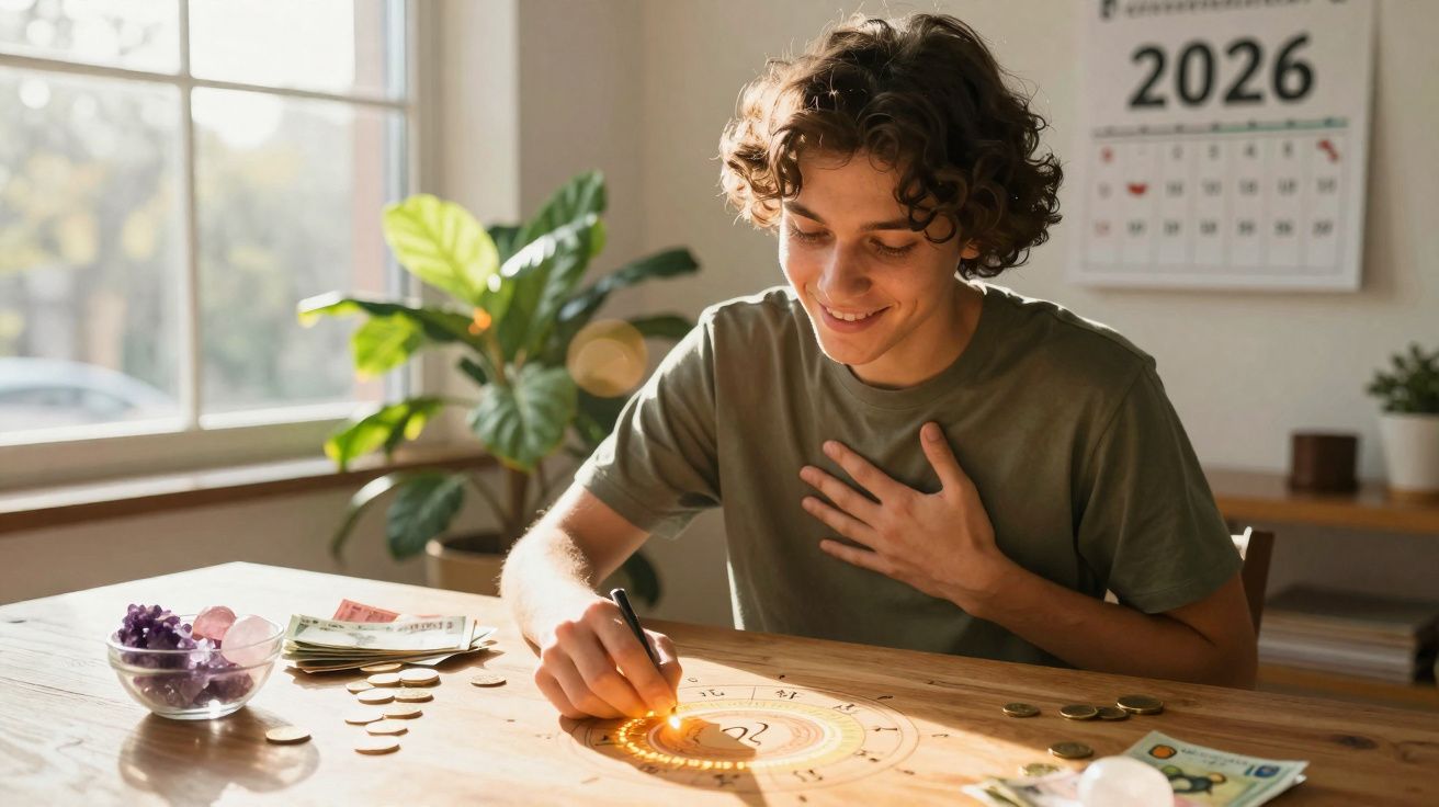 Joven realiza práctica de astrología con cartas y cristales en una mesa iluminada en habitación luminosa.