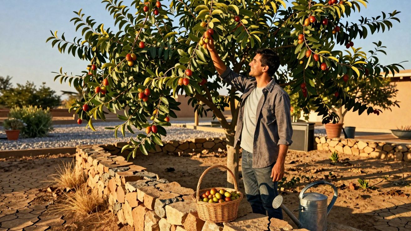 Hombre recogiendo frutos de un árbol en un jardín soleado con cesta y regadera junto a un muro de piedra.
