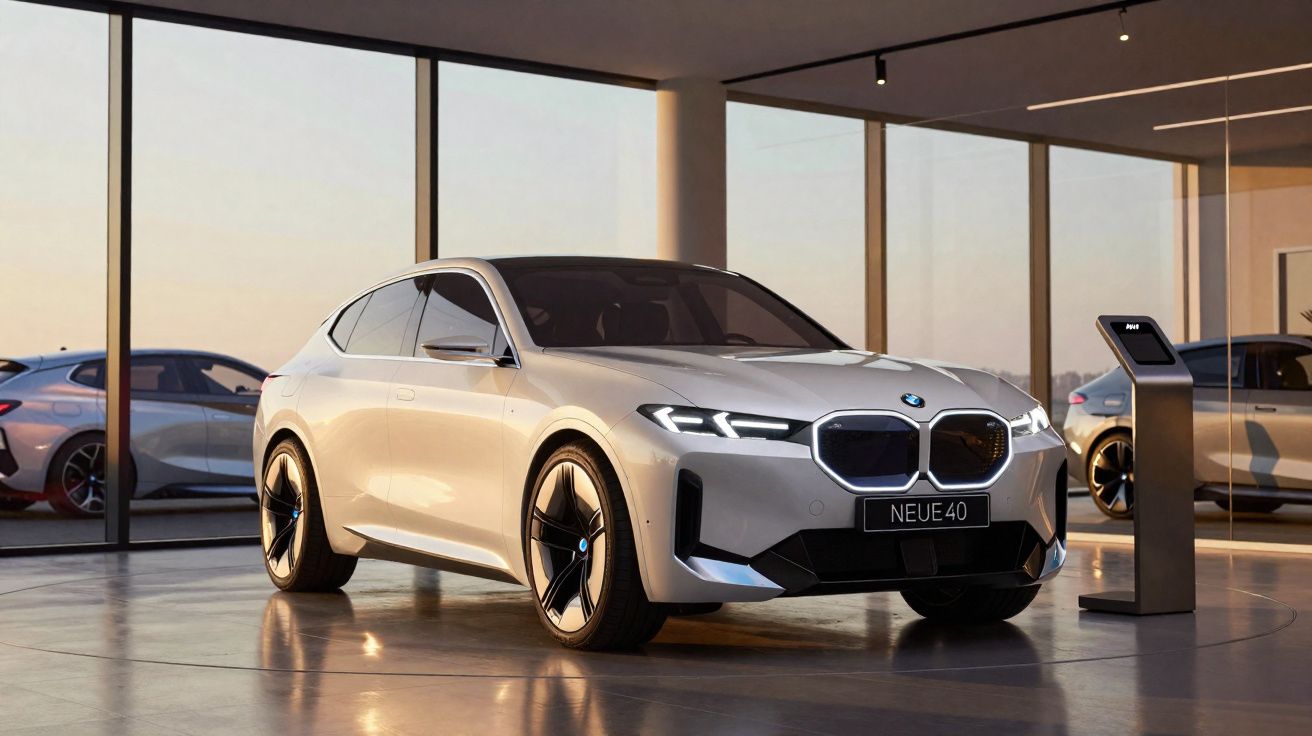 Coche eléctrico BMW Neue40 blanco en exposición moderna con grandes ventanales al atardecer.