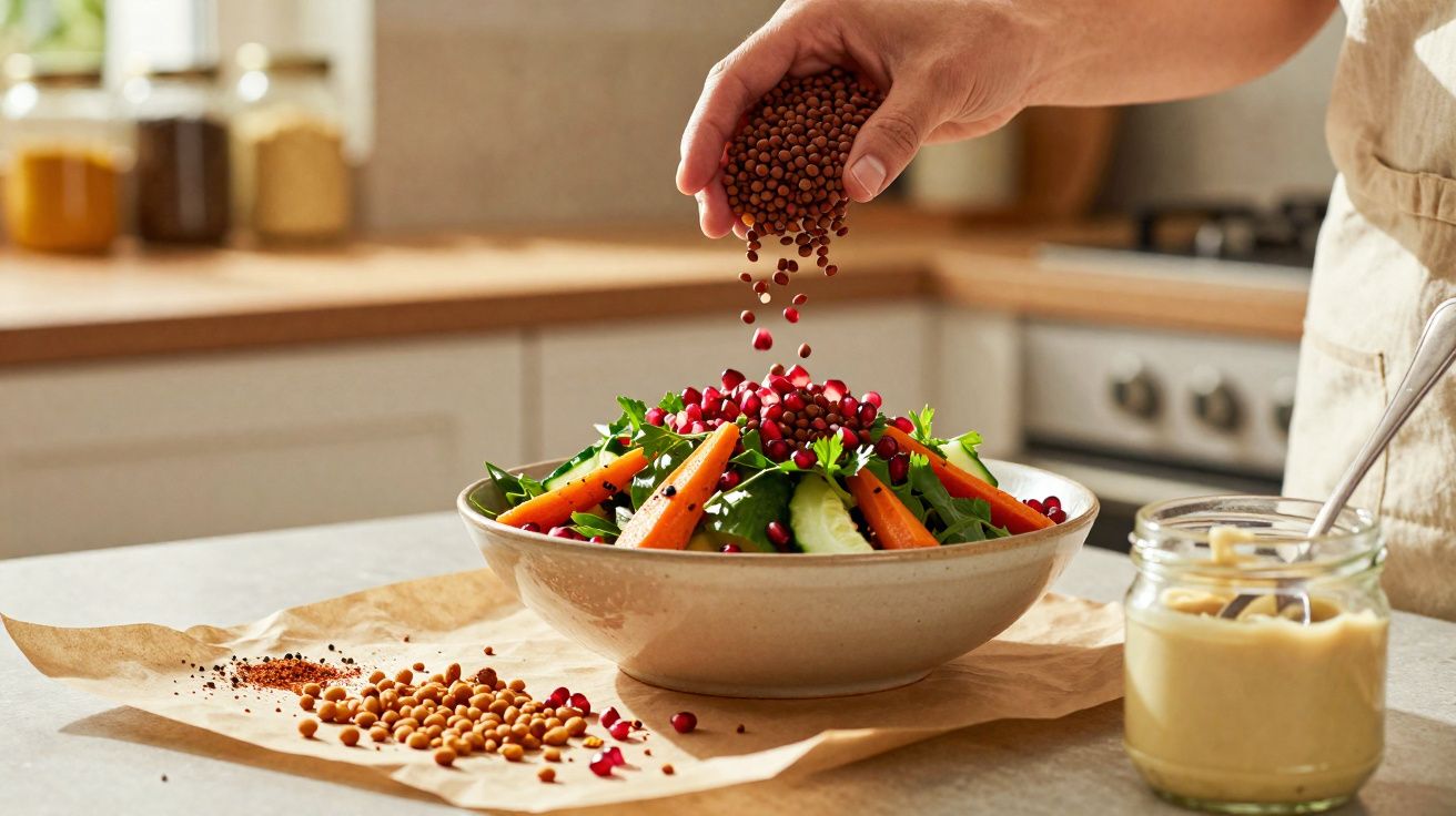 Mano echando semillas sobre una ensalada con zanahorias, granada y hojas verdes en una cocina.