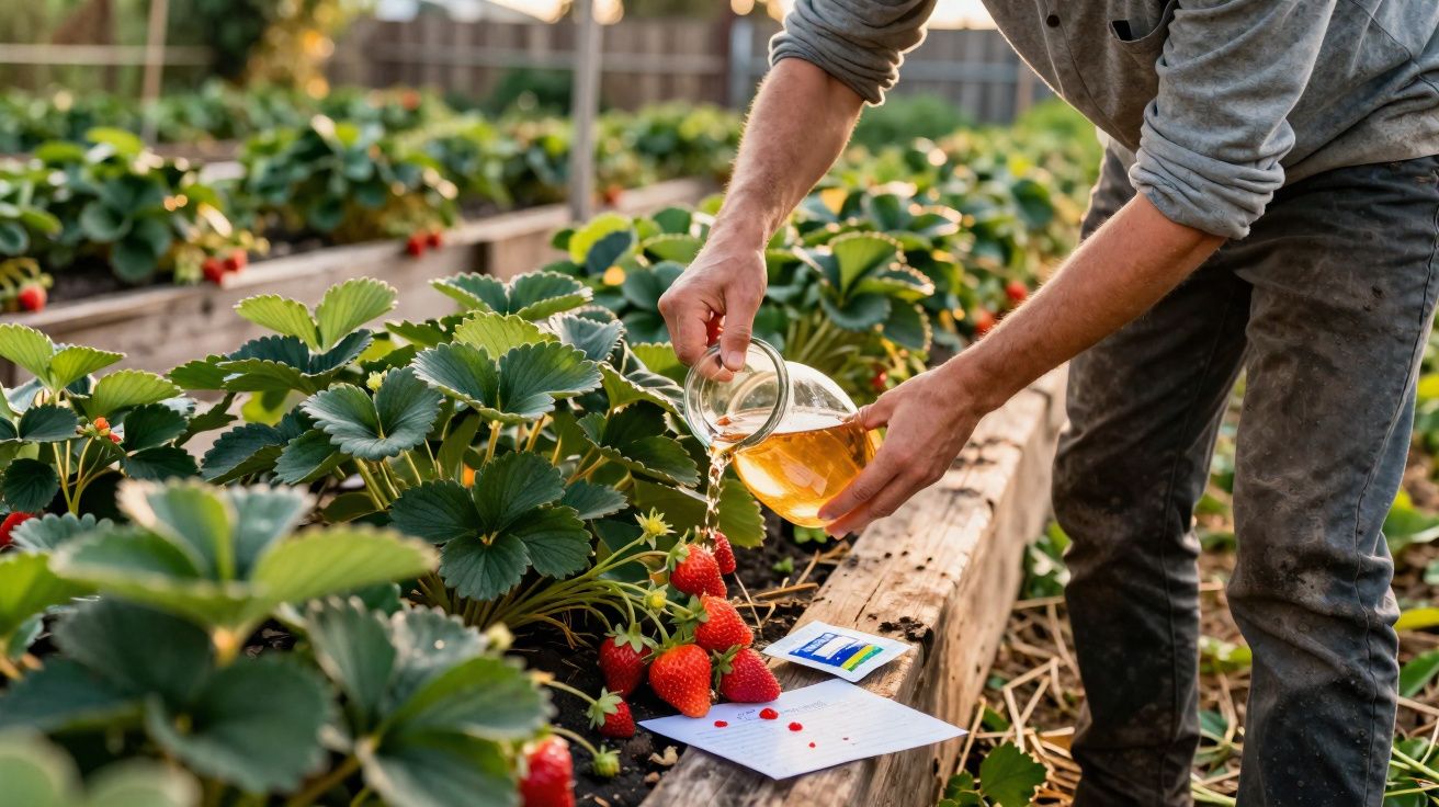 Persona regando plantas de fresas en un huerto al aire libre en un día soleado.