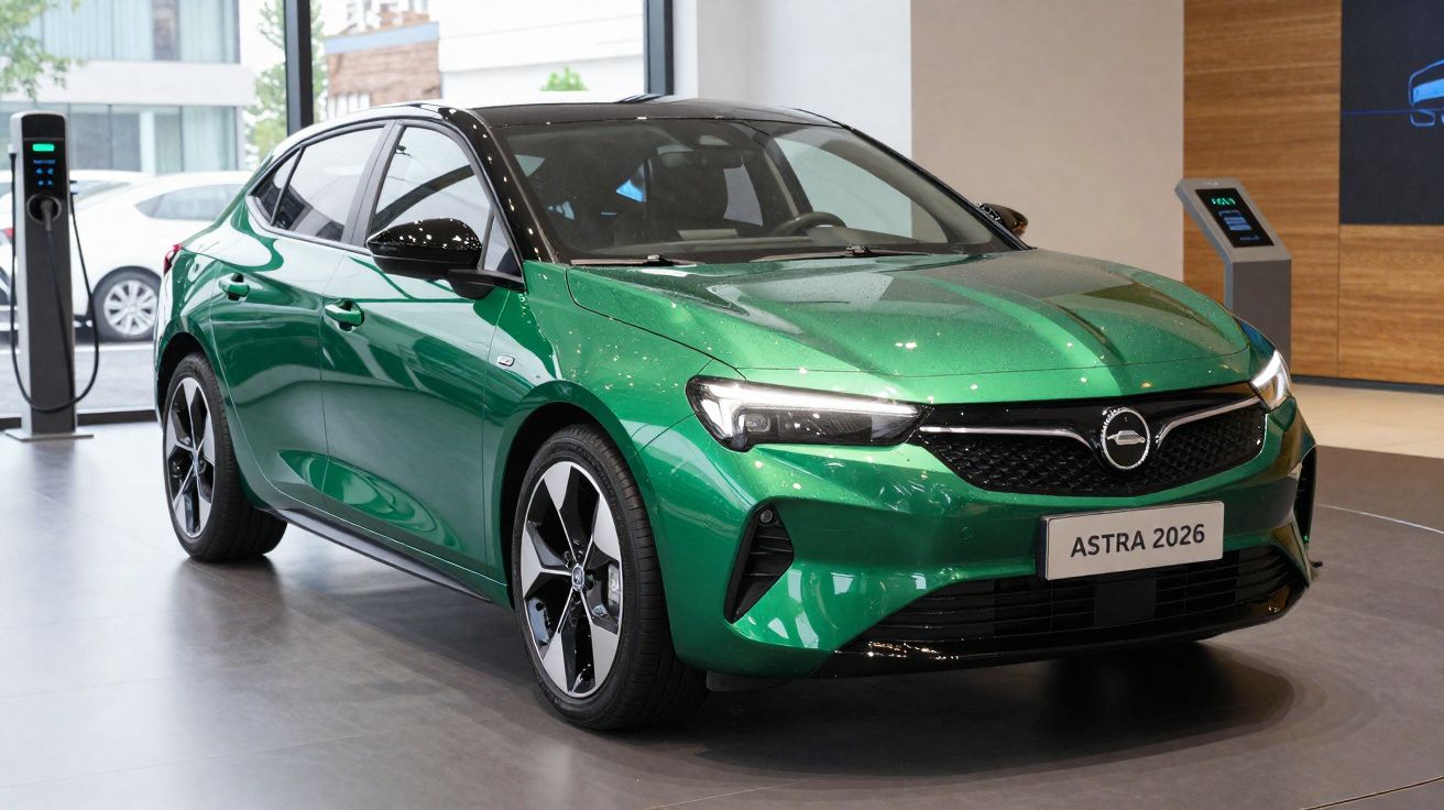 Coche eléctrico Opel Astra 2026 verde en exposición con estación de carga visible al fondo.