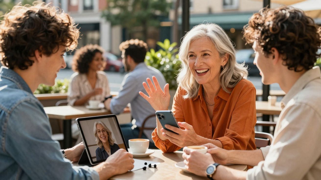 Grupo de personas charlando en una cafetería mientras una participa en videollamada desde una tableta.